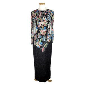 80s SWEE LO Long Sleeve Evening Gown Black Silk Chiffon Multi Beads Sequins Sz 8
